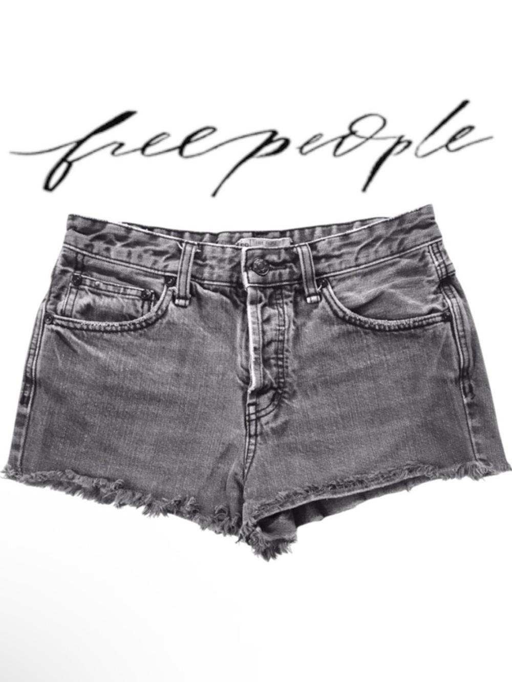 Free People Denim Cut Off Shorts Raw Hem Faded Black Gray Frayed Festival Boho